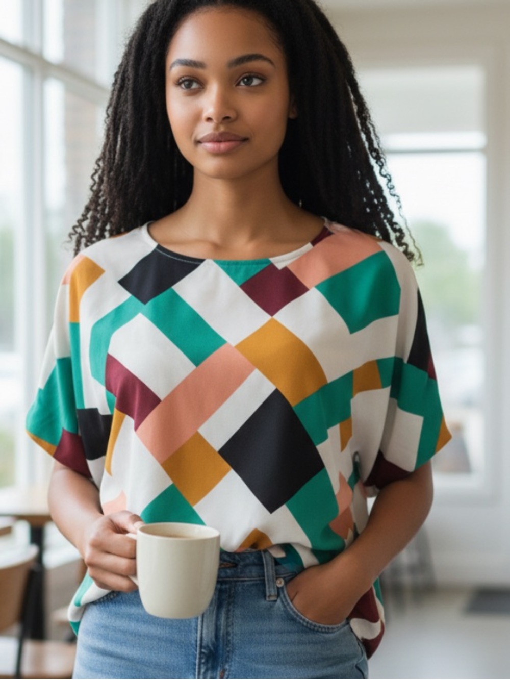 Nine West Geometric Colorblock Short Sleeve Blouse in White, Teal & Mustard
